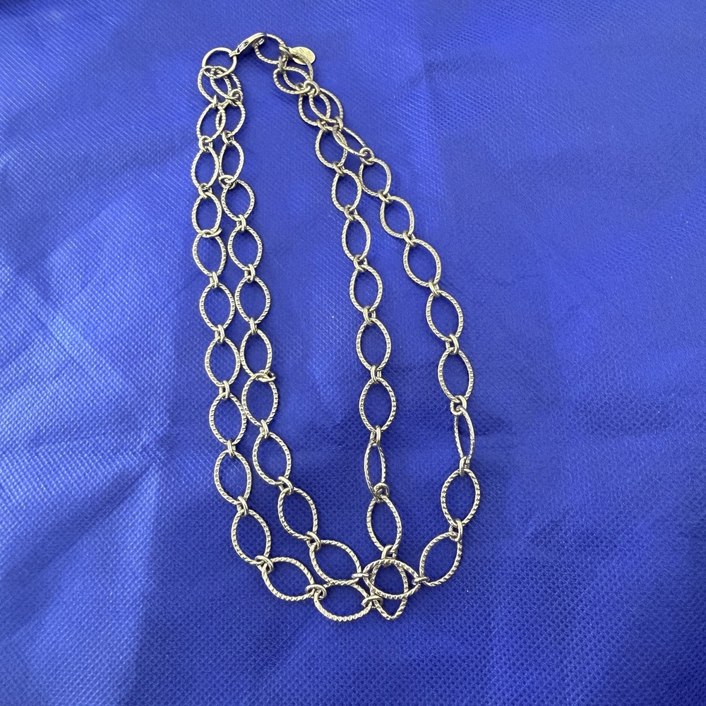 Silver Tone Textured Oval Link Double Chain Necklace Womens 16 Inch Statement